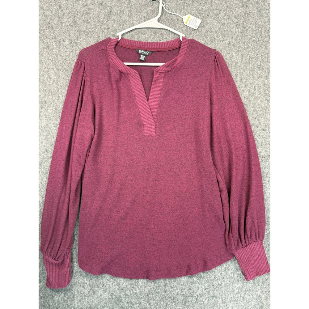 Buffalo David Bitton Womens Burgundy Notch Neck Puff Sleeve Knit Top Size M